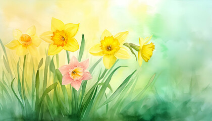 Obraz premium Daffodils in the garden. Creative watercolor flowers painting background for the spring season, suitable for creative wallpaper use.