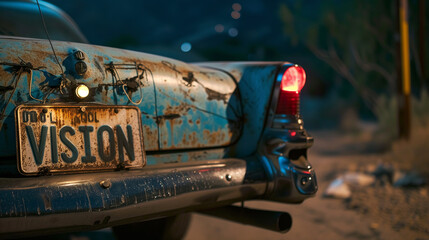 License plate of a rusted vintage car with the inscription Vision