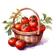 Watercolor red tomatoes in a basket on white background