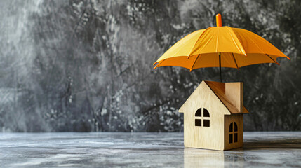 Small Wooden House under Umbrella for Home Insurance Concept on Table with Gray Background