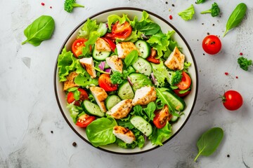 Grilled chicken breast, fillet and fresh vegetable salad of lettuce, arugula, spinach, cucumber and tomato. Healthy lunch menu. Diet food. Top view