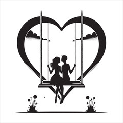 Romantic Echoes of Valentine Day: Captivating Swing Silhouette in Love's Harmonious Dance - Valentine Day Black Vector Stock
