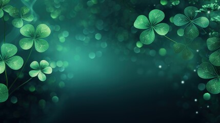 Happy Saint Patrick's Day background with green leaf clovers on blur background. AI generated image - obrazy, fototapety, plakaty