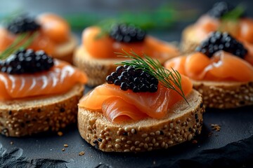 Canapes as toasted baguette with a layer of smoked salmon and a generous spoonful of Beluga caviar and a sprinkle of dill - ai generated
