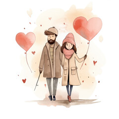 Hand drawn watercolor minimal style cartoon lover couple wedding  ceremony