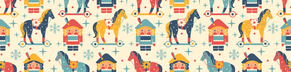 Fototapeta na wymiar Bright vintage Christmas seamless wallpaper. Kids Noel Nutcracker Fairy Tail. Flat style. Retro toy soldier with toy horse. Tile background for Christmas gift, wrapping paper, fabric.