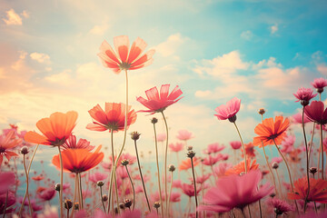 Crimson daisies waltz beneath a sky ablaze in orange and pink, embraced by whimsical clouds in a vibrant, panoramic dance