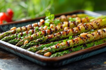 Grilled Asparagus to smoky perfection, drizzled with a balsamic reduction, and topped with toasted pine nuts- ai generated