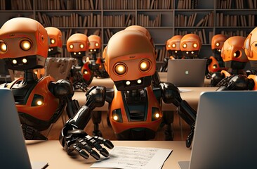 Futuristic robots working at computers in an office setting, depicting automation and AI in the workplace.