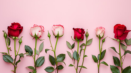 Red and Pink Roses on Light Pink Background with Copy Space for Valentine's Day