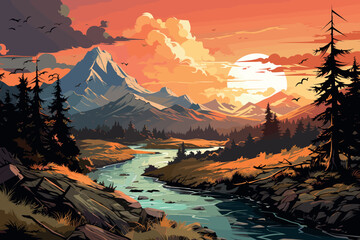 Sunset in the mountains and river landscape scene .landscape of mountains with a lake illustration