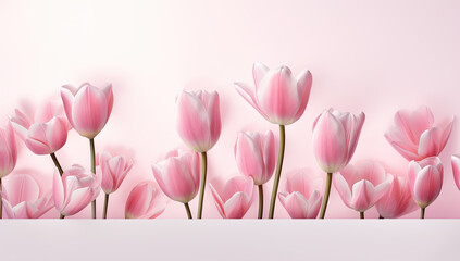 Pink blooms dance with white tulips on a serene canvas, an elegant symphony of harmonious beauty