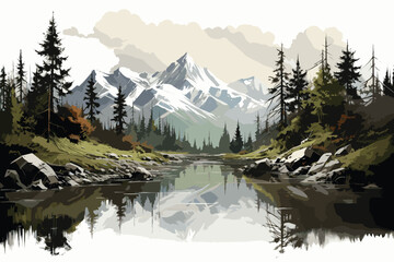 landscape vector illustration. A colorful illustration of a river in a landscape with mountains and trees.