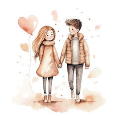 Hand drawn watercolor minimal style cartoon lover couple wedding ceremony