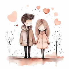 Hand drawn watercolor minimal style cartoon lover couple wedding  ceremony