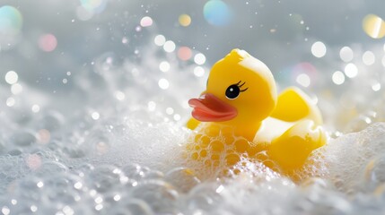 Yellow Rubber Ducky Floating in Water - Pool Simple Toy, Relaxation, Fun, Childhood