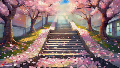 Staircase painting of a Cherry Blossom Path, steps covered in delicate petals. - obrazy, fototapety, plakaty
