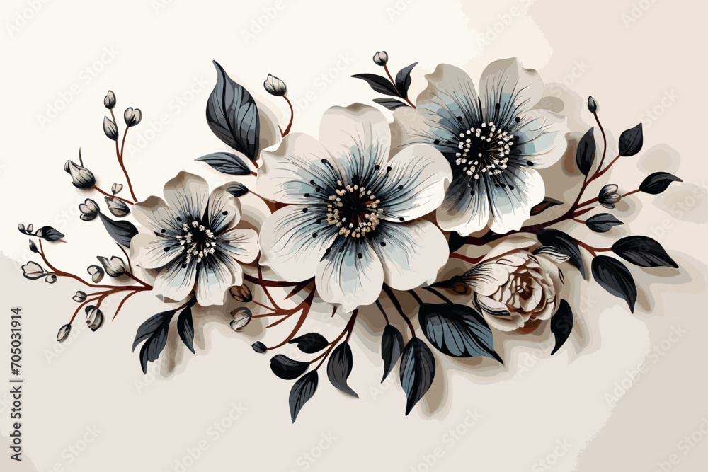 Wall mural Illustration of a bouquet of flowers. Black and white Flower tattoo line art design element