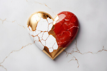 Golden, red and white broken heart made of marble. - obrazy, fototapety, plakaty