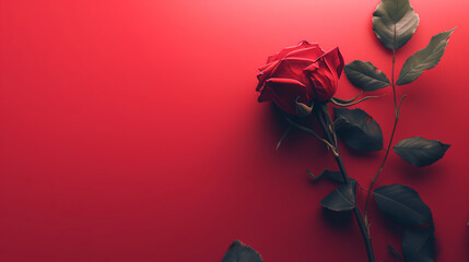  Red roses flower on red background. Copy space. Generative AI