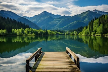 Serene lake view with wooden dock and mountain backdrop - obrazy, fototapety, plakaty