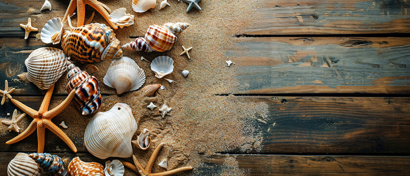 summer banner with sea shells and sand on rustic wooden ground, summer decorations . Advertising  Flat layout. with empty copy space