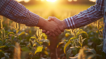 Business man and farmer shaking hands in agricultural crop field