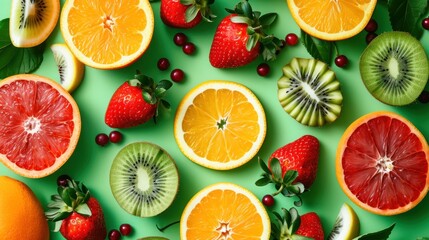Assorted Fresh Fruit Halves on Green Surface