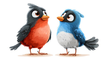 Fototapeta premium Cute funny red and blue bird standing facing each other on white background