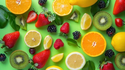 Assorted Fresh Fruits Arranged on Green Surface