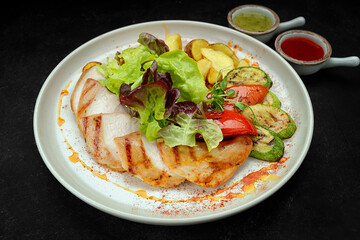 Fried chicken breast with grilled vegetables, mixed greens and potatoes
