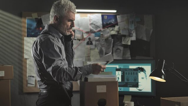 male detective policeman at the phone examining evidence box with documents files,police officer working late at night