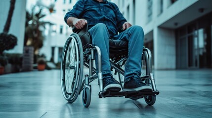 Obraz premium Man in Wheelchair on City Street, Mobility and Inclusion in Urban Environment