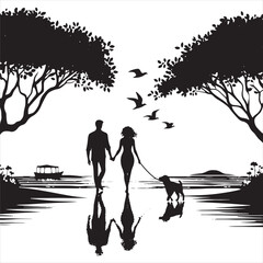 Celestial Love Whisper in Valentine Stroll Silhouette: A Mesmerizing Image of a Couple Walking, Ideal for Stock - Couple Day Black Vector Stock
