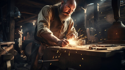 Close-up of blacksmith in apron working with hammer and iron in the workshop. sparks are around the anvil - obrazy, fototapety, plakaty