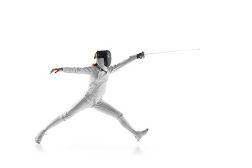 Skilled swordswoman executes precise parry against white studio background. Essence of strategy and...