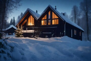 Exterior of Scandinavian house lit by warm lighting in the snow 