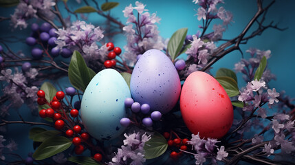 Fototapeta na wymiar Easter eggs painted in serene blue and soothing purple tones, nestled on a branch accompanied by luscious red fruits