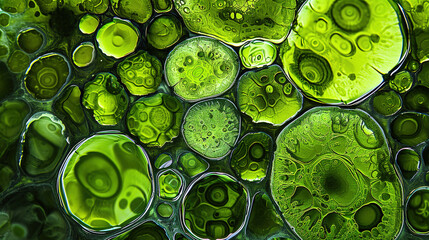 wallpaper of green algae cell mural painting, abstraction-création, shaped canvas, detailed scientific subjects