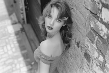 vintage photography, , posing in alley, stylistic poses, 1960s  woman