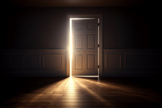 Door in dark room with glowing light coming out