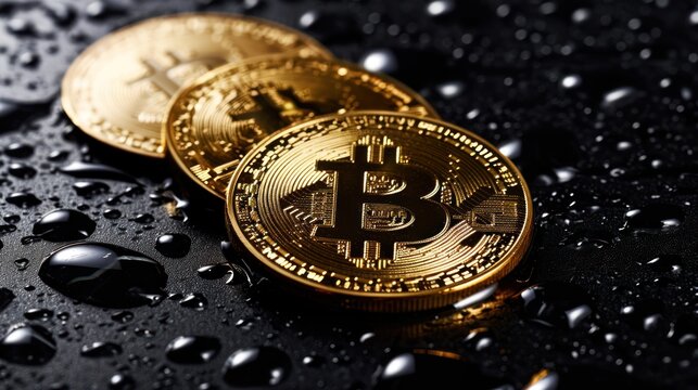 Three Bitcoins Resting on Rainy Surface
