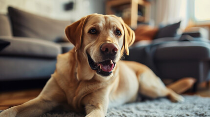 Labrador retriever dog lying on carpet in living room at home