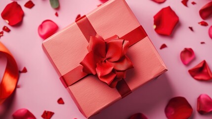 Pink Gift Box With Red Ribbon and Rose Petals - Romantic and Elegant Present for Special Occasions