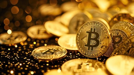 Heap of Gold Bitcoins on Table, Financial Investments in Cryptocurrency - obrazy, fototapety, plakaty