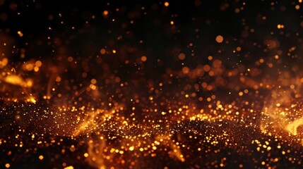 Blurry Gold Dust on Black Background, Mysterious Shimmering Particles in Dark Space