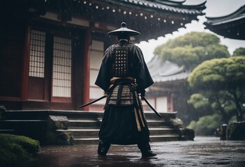 A epic samurai with a weapon sword standing in front of a old japanese temple shrine rainy day - obrazy, fototapety, plakaty