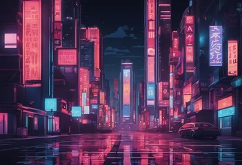Fototapeten A wallpaper illustration of a night cityscape in anime neo crisp style neon flat colors night sky © ArtisticLens