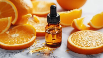 Bottle of Orange Oil Surrounded by Oranges - obrazy, fototapety, plakaty