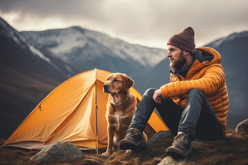 Homem sentado ao lado de uma cabana amarela e seu cachorro e ao fundo montanhas - tema acampamento  - obrazy, fototapety, plakaty